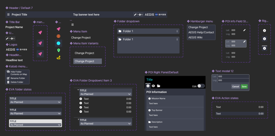 AEGIS EMSS component library showing header, folder, POI panel, menu, and action state patterns