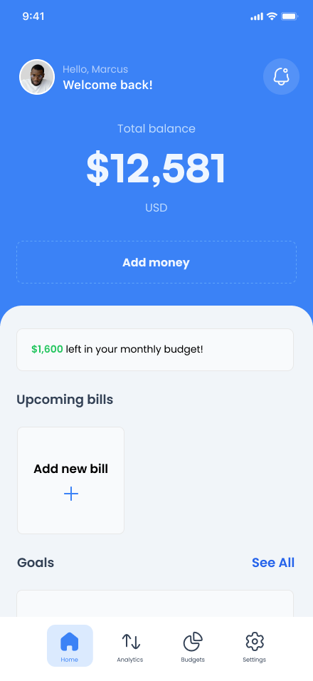 Sprout home dashboard showing total balance, monthly budget, upcoming bills, and goals