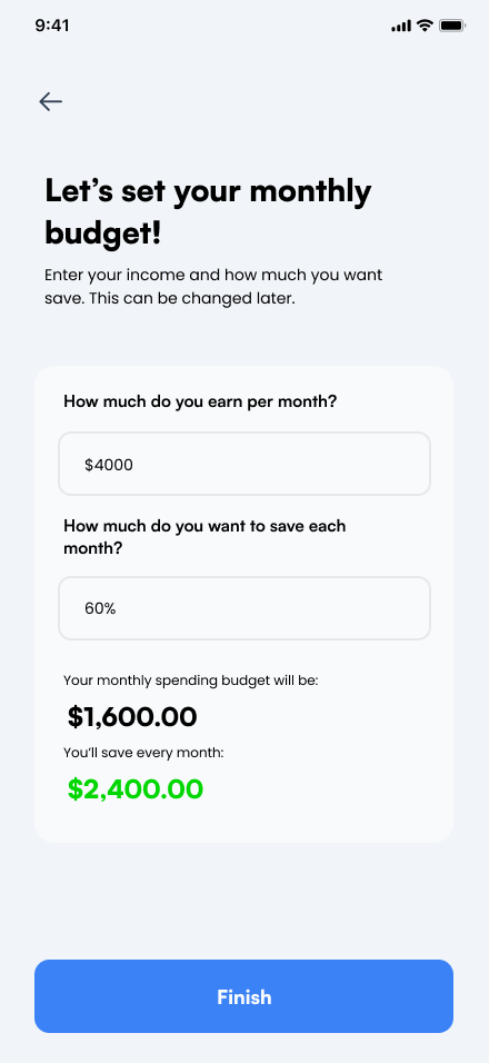 Sprout monthly budget setup showing income, savings percentage, and calculated spending budget