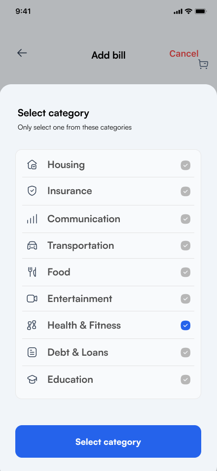 Sprout bill category selector with Health and Fitness selected