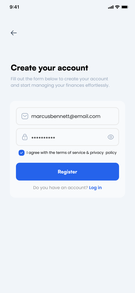 Sprout create account screen with email, password, terms agreement, and Register button