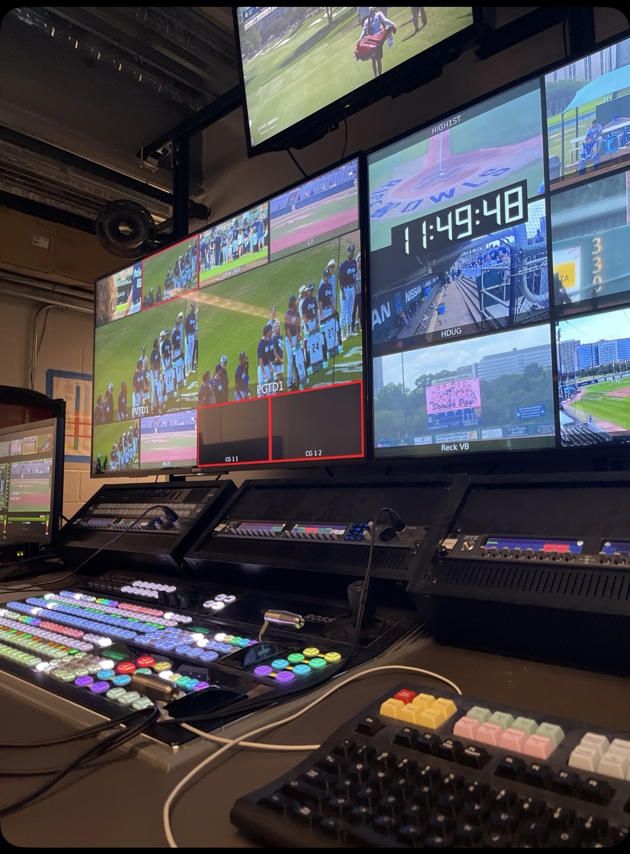 Broadcast control room video wall showing multiple baseball camera feeds