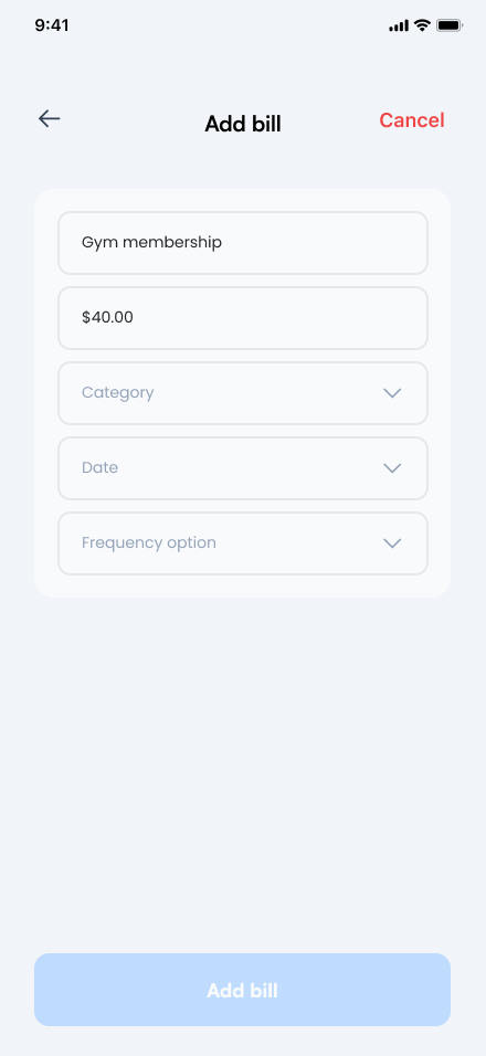 Sprout add bill form filled with Gym membership and forty dollars