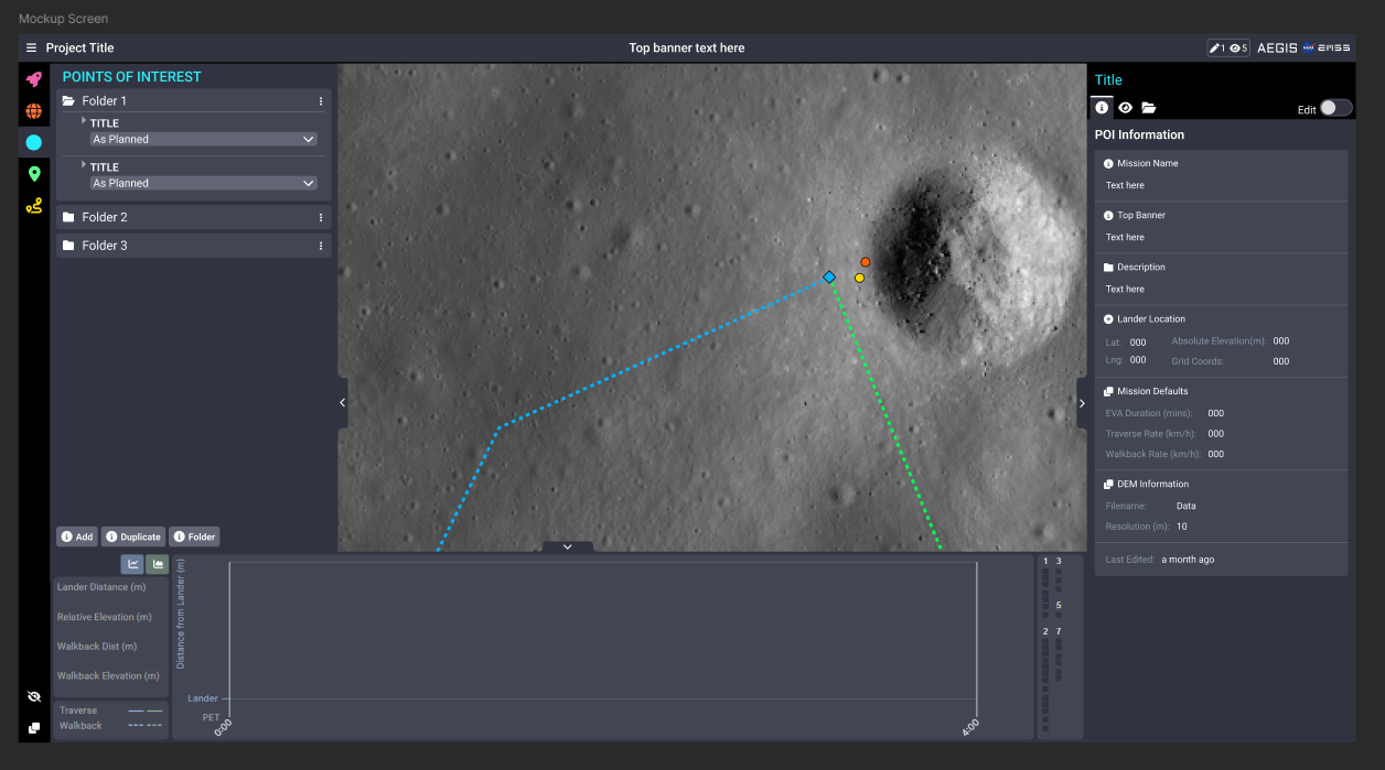 AEGIS EMSS prototype mockup showing a lunar traverse map with points of interest, path metrics, and mission planning panels