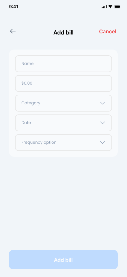 Empty Sprout add bill form with name, amount, category, date, and frequency fields