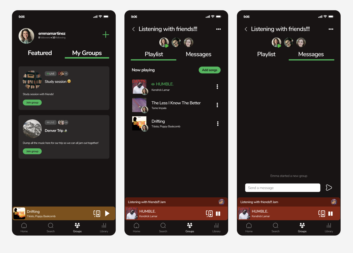 High-fidelity dark-mode mobile screens for a Spotify group listening feature, showing group discovery, a shared playlist, and group chat