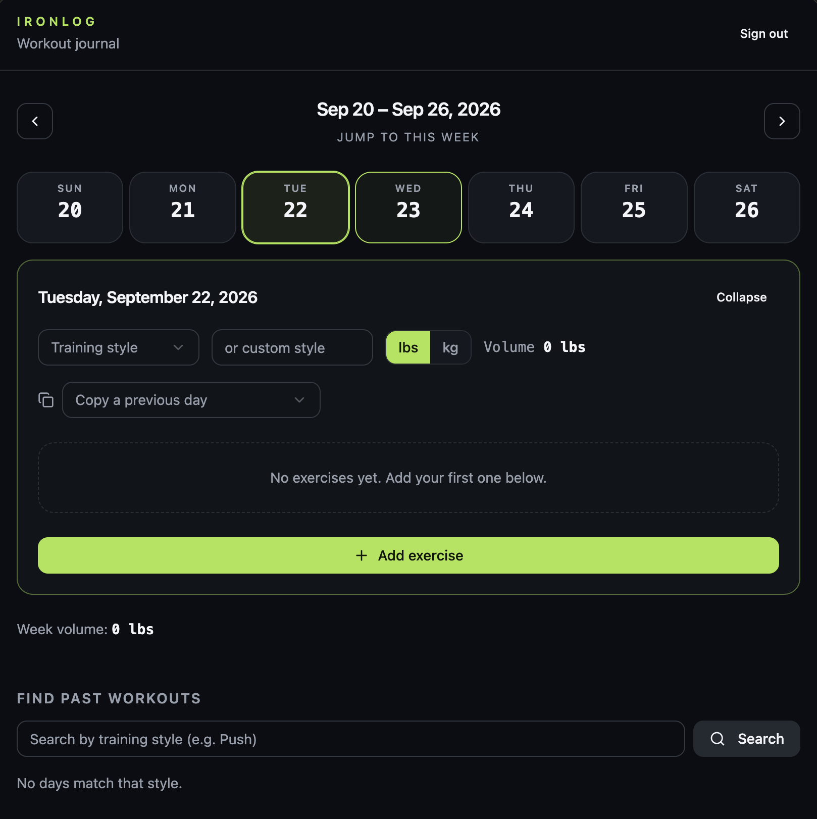 Dark desktop workout journal interface with a weekly date picker, exercise controls, and past workout search