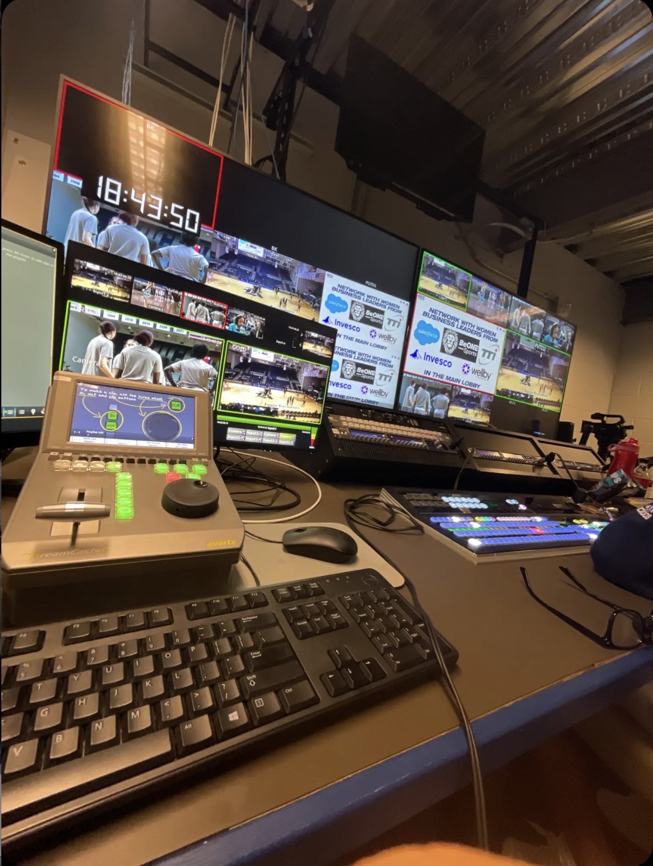 Basketball broadcast control station with multiview displays, replay controller, and keyboard