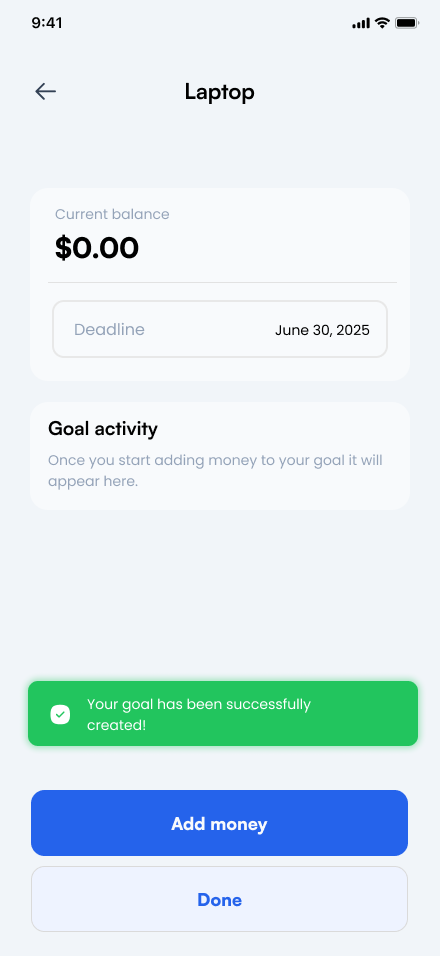 Sprout Laptop savings goal confirmation with a zero dollar balance