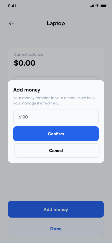 Sprout add money modal with a one hundred dollar entry for the Laptop savings goal