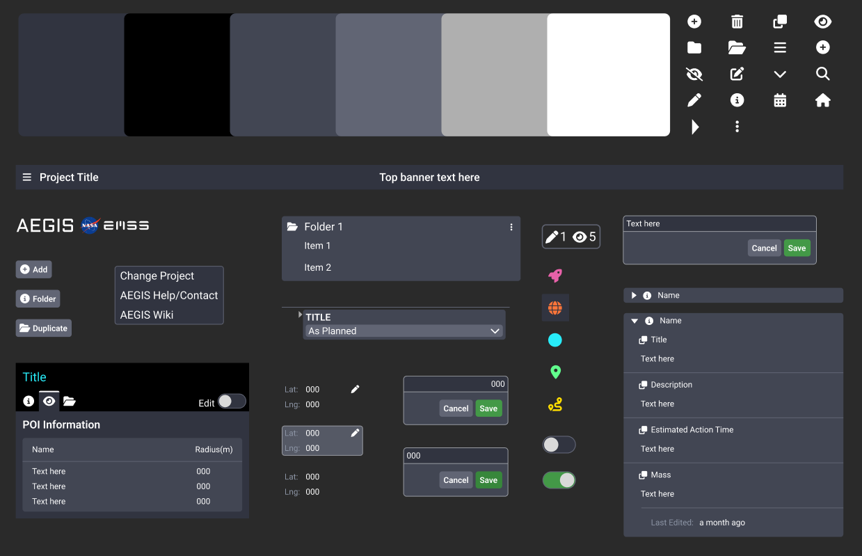 AEGIS EMSS design system components including folders, POI panels, input fields, toggles, and action buttons