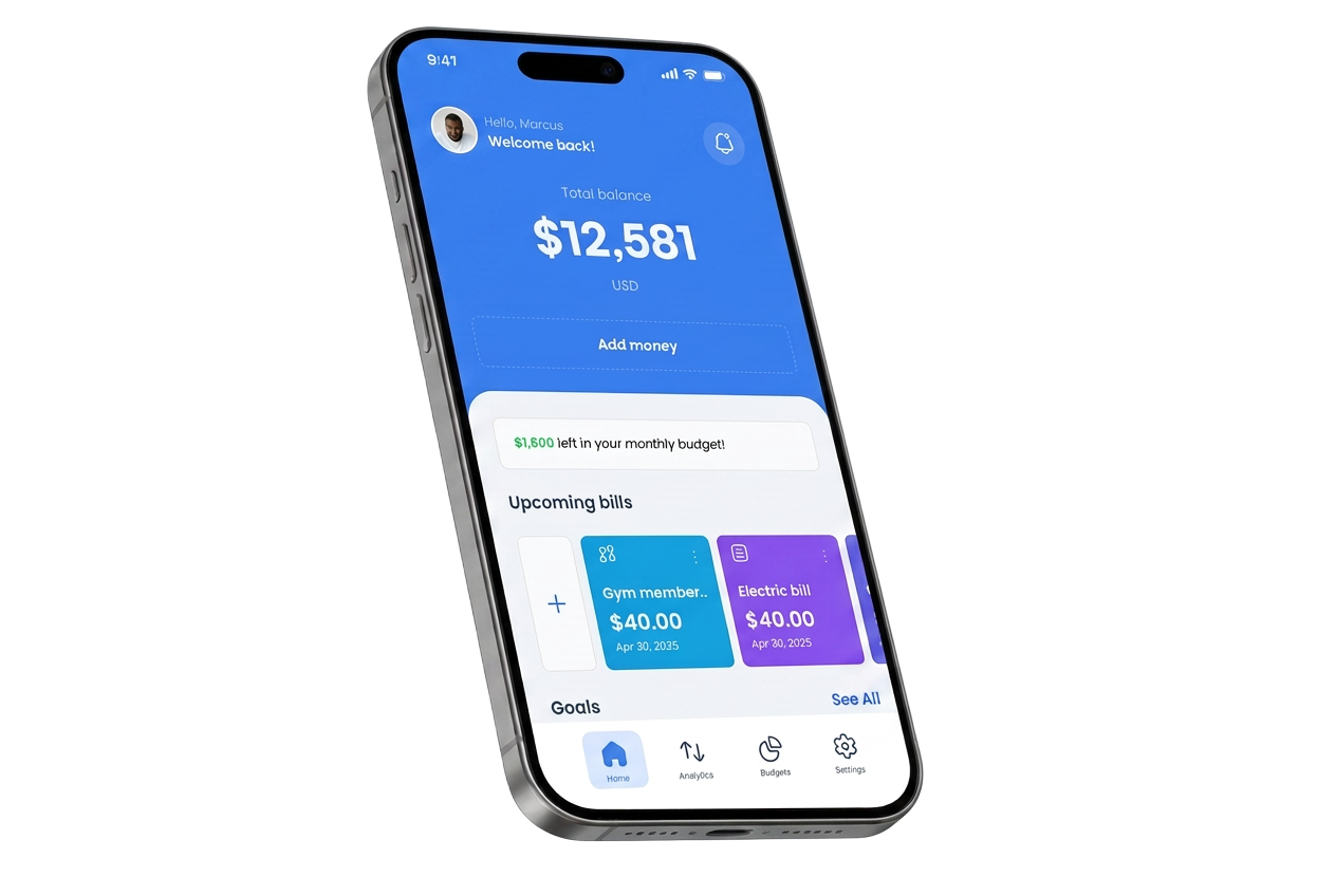 Sprout budgeting app mobile mockup showing spending insights and savings goals